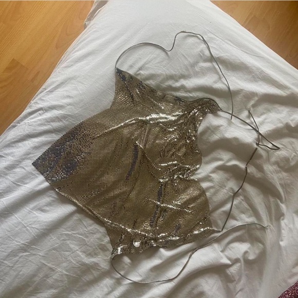 1970s Whiting & Davis chain mail mesh silver halter top - Picture 2 of 7